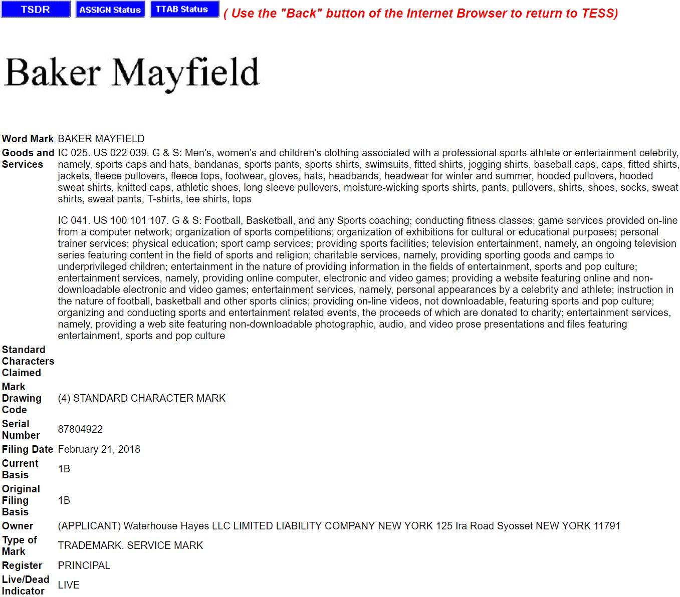 Baker Mayfield Files Trademark Application for THE BAKER SPECIAL